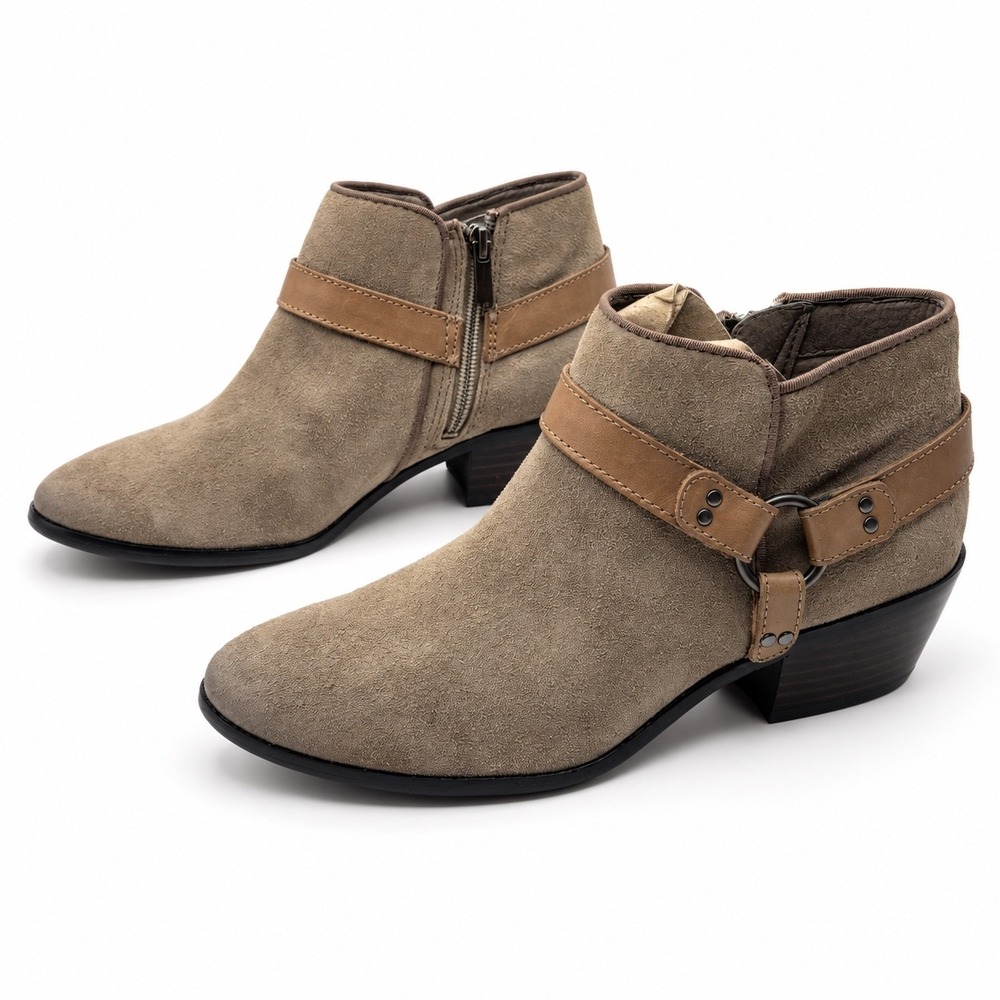 Sam Edelman Phoenix Womens 7 Taupe Tan Suede Harness Western Cowgirl Ankle Boots